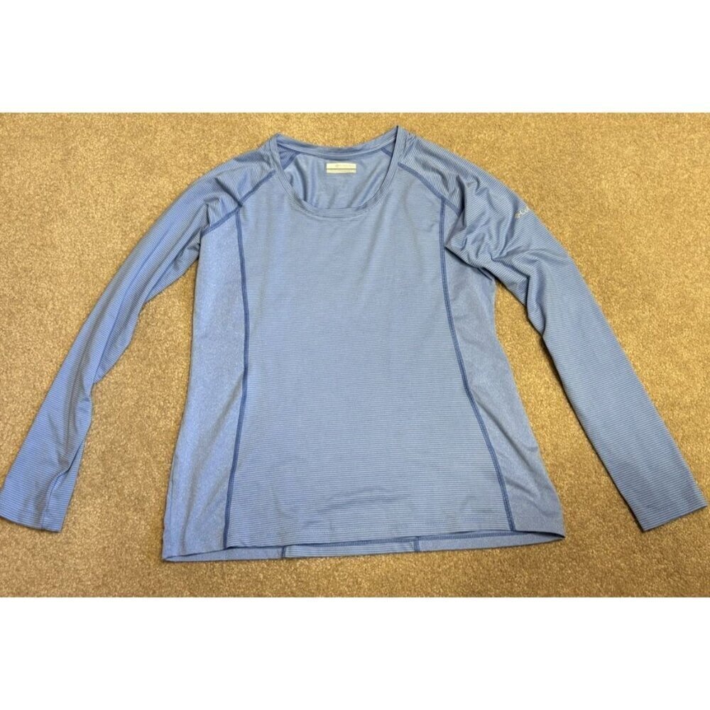 COLUMBIA Long Sleeve Performance Tee Womens L Blue Stripes Reflective Stretch